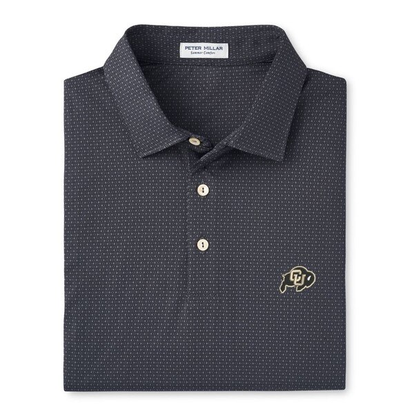 A dark gray polo with a pattern of small circles in the background. It is collared with three buttons, and it features the CU Buffalo logo embroidered in black and gold on the left chest.